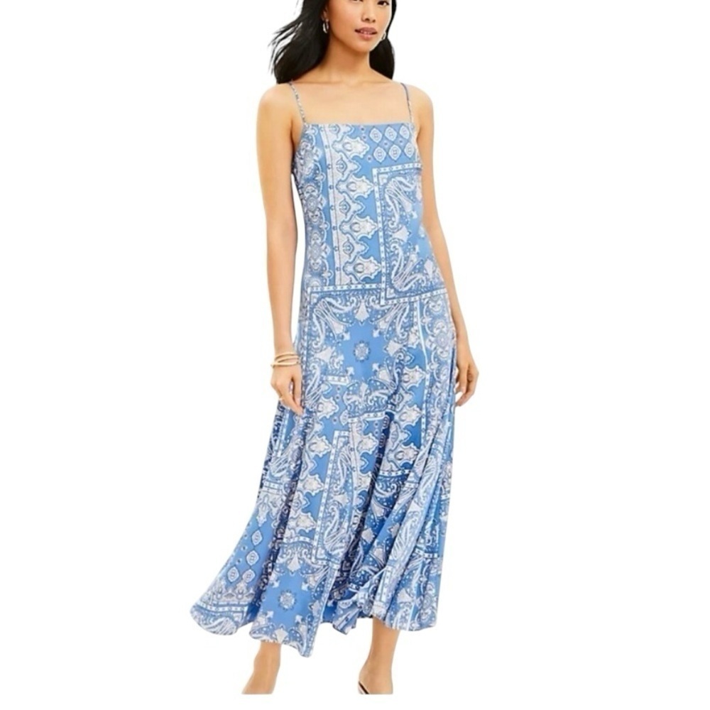 NWT Loft Bandana Print Satin Midi Slip Dress Blue & White Spaghetti Strap Size 0